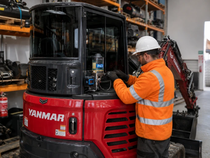 LSL technician fitting and calibrating a BEKA PICO greasing system on an excavator